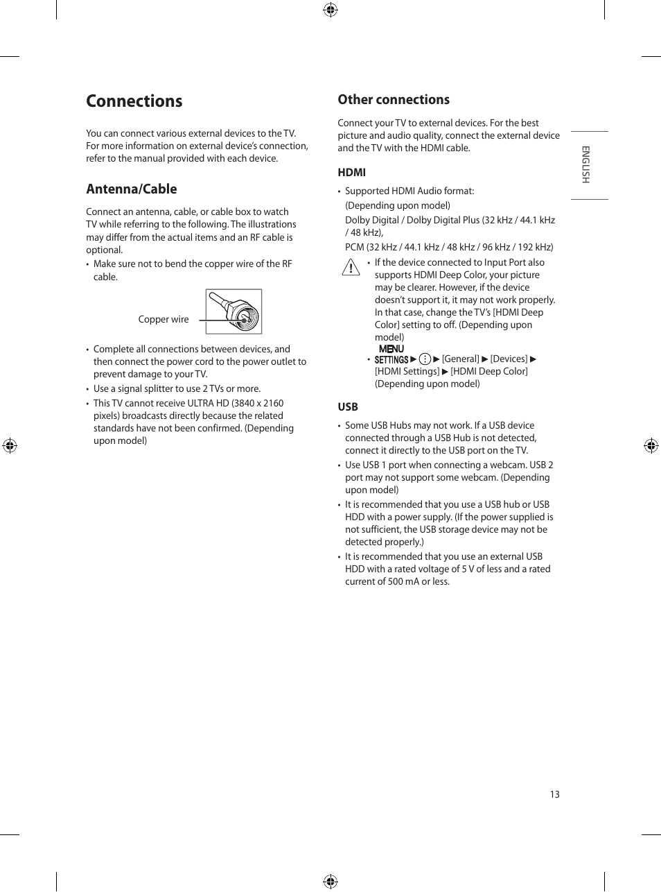 Connections, Antenna/cable, Other connections | 13 antenna/cable 13 other connections | LG UN570H Series 55" UHD 4K HDR Commercial Hospitality TV User Manual | Page 25 / 56