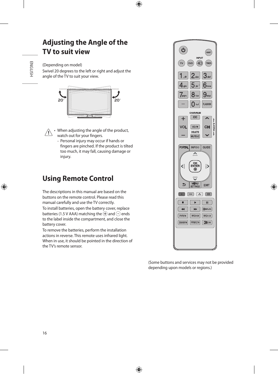 Adjusting the angle of the tv to suit view, Using remote control, Adjusting the angle of the tv to suit | View | LG UN570H Series 55" UHD 4K HDR Commercial Hospitality TV User Manual | Page 28 / 56