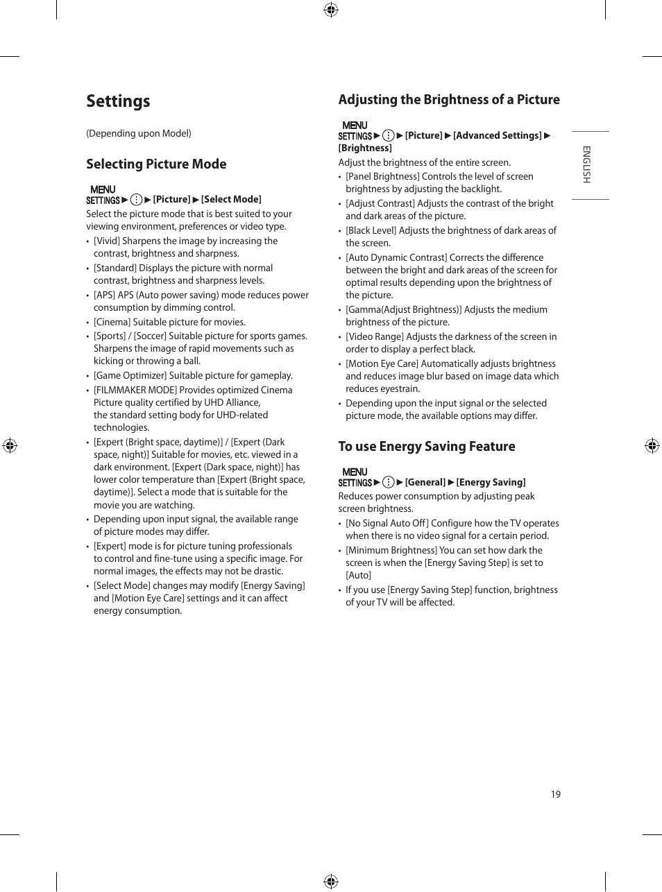 Settings, Selecting picture mode, Adjusting the brightness of a picture | To use energy saving feature | LG UN570H Series 55" UHD 4K HDR Commercial Hospitality TV User Manual | Page 31 / 56