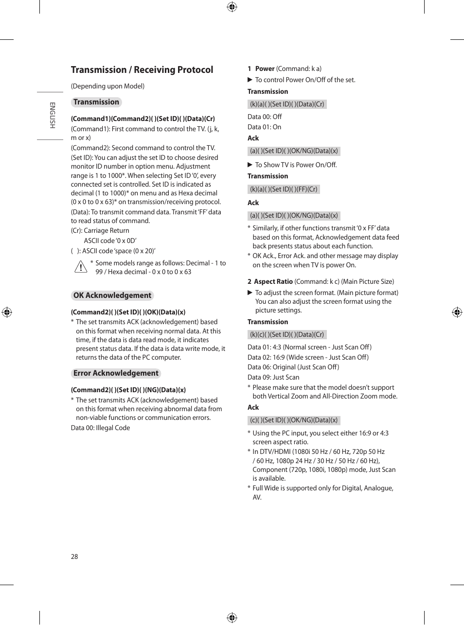 Transmission / receiving protocol, 28 transmission / receiving protocol | LG UN570H Series 55" UHD 4K HDR Commercial Hospitality TV User Manual | Page 40 / 56