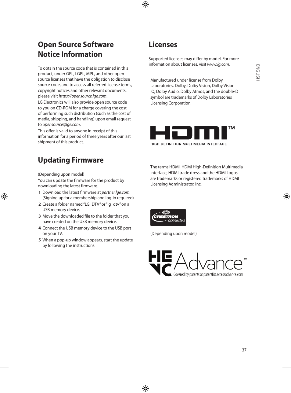 Open source software notice information, Updating firmware, Licenses | Open source software notice, Information | LG UN570H Series 55" UHD 4K HDR Commercial Hospitality TV User Manual | Page 49 / 56