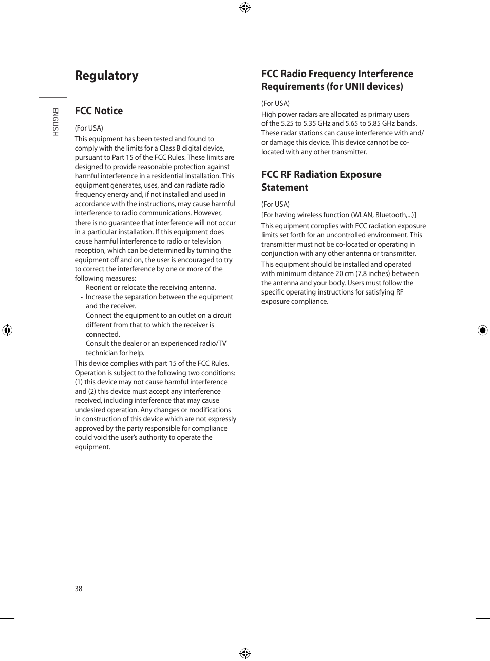 Regulatory, Fcc notice, Fcc rf radiation exposure statement | Unii devices), 38 fcc rf radiation exposure statement | LG UN570H Series 55" UHD 4K HDR Commercial Hospitality TV User Manual | Page 50 / 56