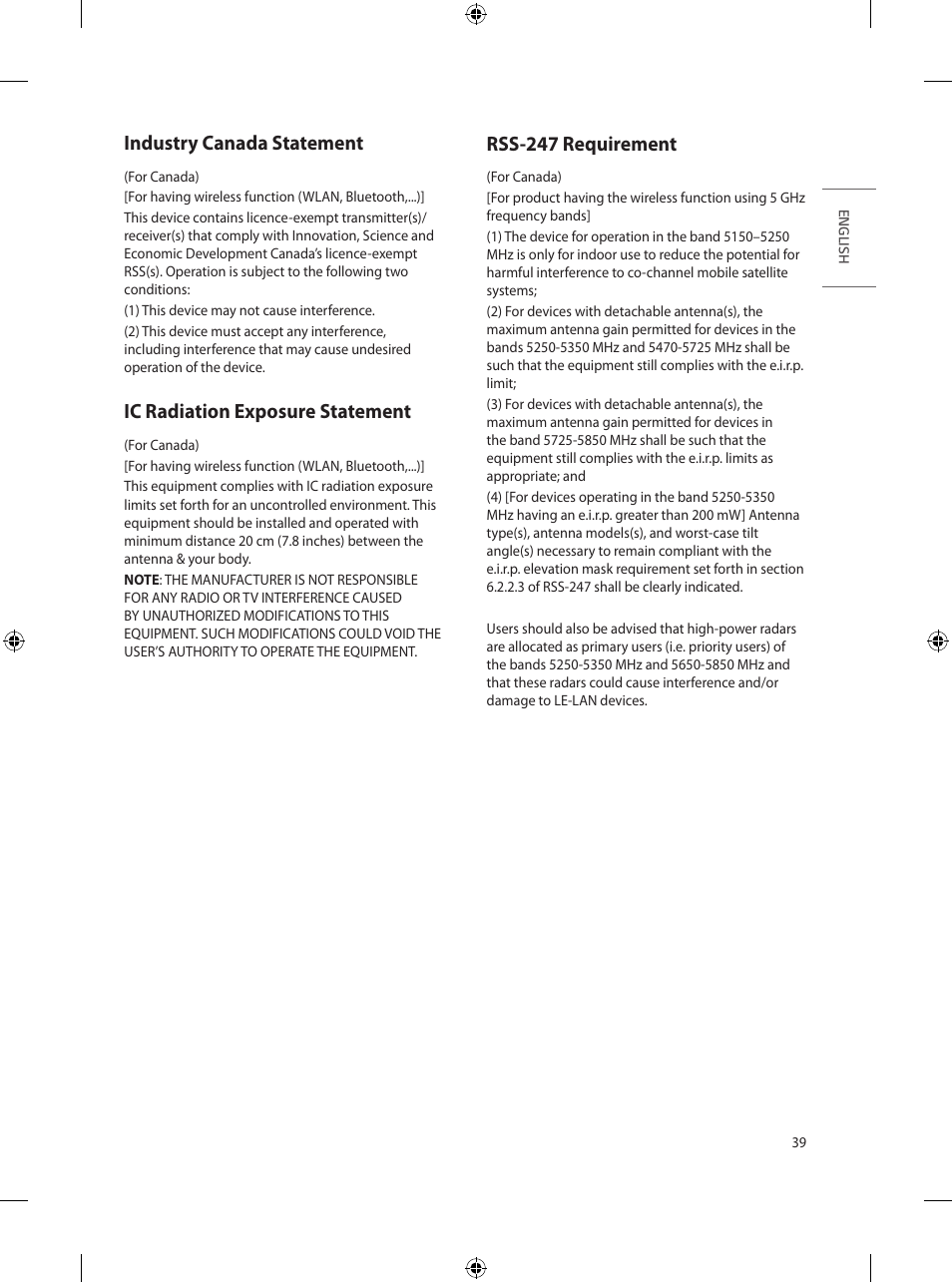 Industry canada statement, Ic radiation exposure statement, Rss-247 requirement | LG UN570H Series 55" UHD 4K HDR Commercial Hospitality TV User Manual | Page 51 / 56