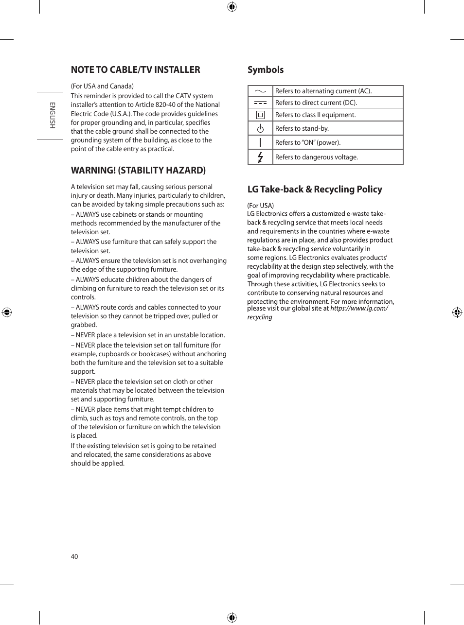 Note to cable/tv installer, Warning! (stability hazard), Symbols | Lg take-back & recycling policy | LG UN570H Series 55" UHD 4K HDR Commercial Hospitality TV User Manual | Page 52 / 56