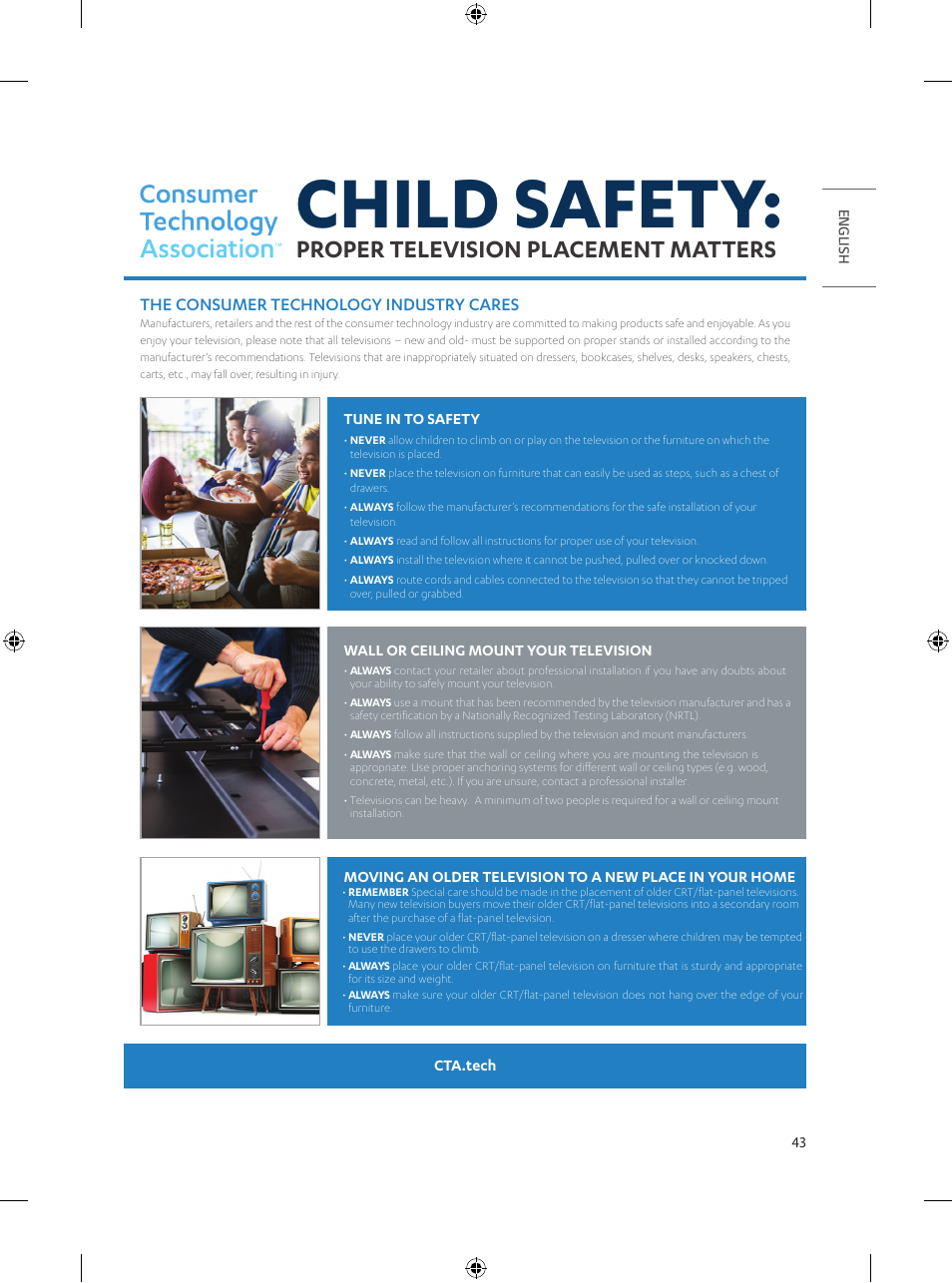 Child safety, Proper television placement matters, The consumer technology industry cares | LG UN570H Series 55" UHD 4K HDR Commercial Hospitality TV User Manual | Page 55 / 56