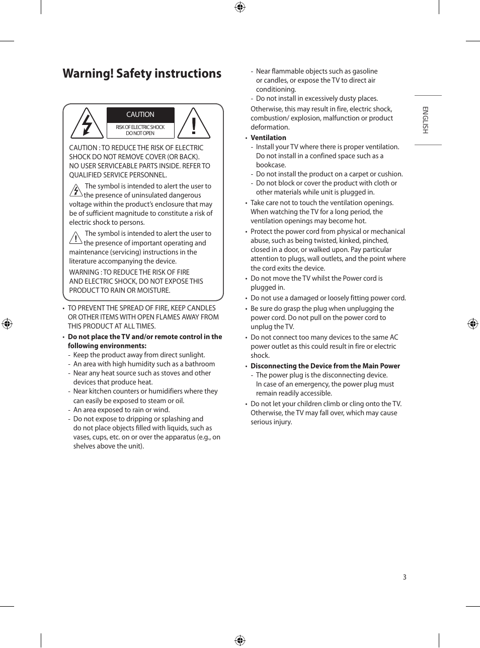 Warning! safety instructions | LG UT570H 65" Class 4K UHD HDR SmHospitality LED TV User Manual | Page 11 / 52