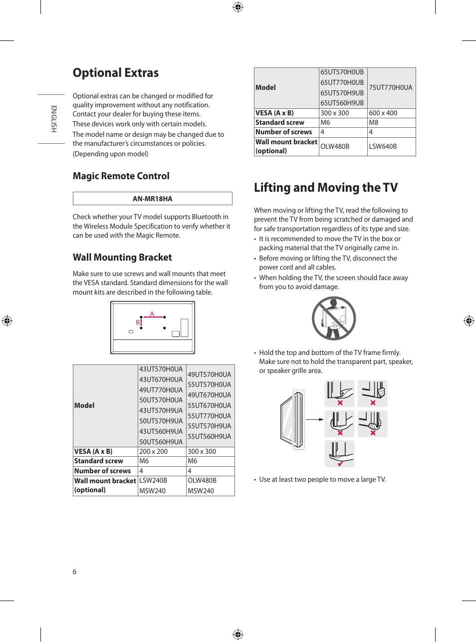 Optional extras, Lifting and moving the tv, Magic remote control | Wall mounting bracket | LG UT570H 65" Class 4K UHD HDR SmHospitality LED TV User Manual | Page 14 / 52