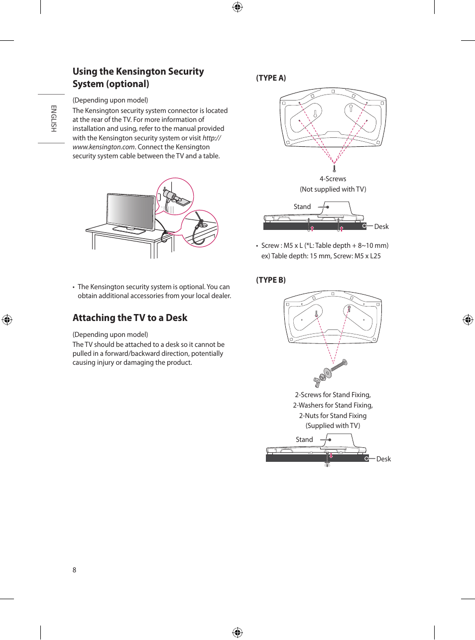 Using the kensington security system (optional), Attaching the tv to a desk | LG UT570H 65" Class 4K UHD HDR SmHospitality LED TV User Manual | Page 16 / 52