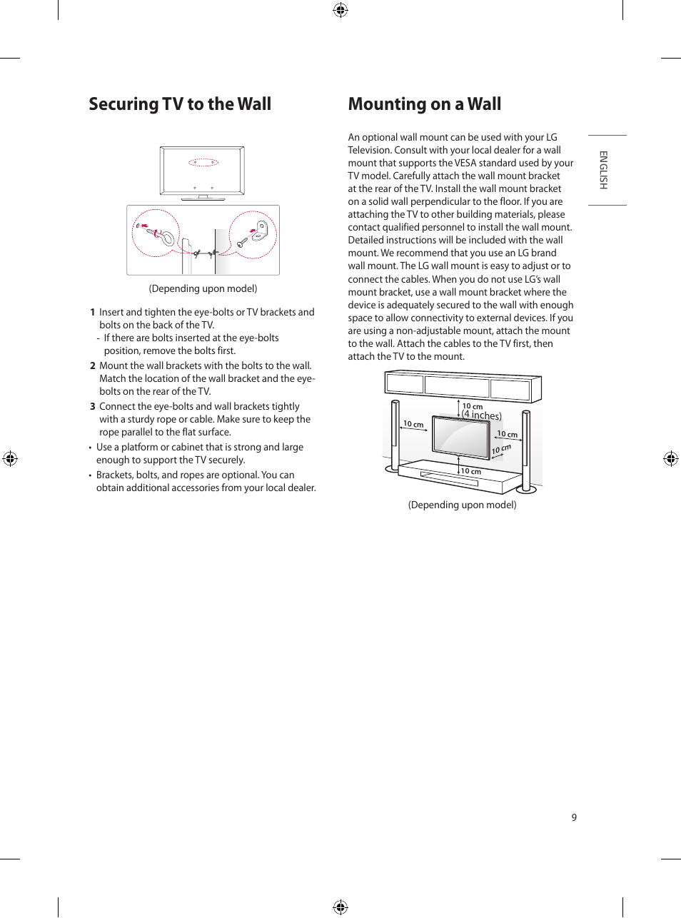 Securing tv to the wall, Mounting on a wall | LG UT570H 65" Class 4K UHD HDR SmHospitality LED TV User Manual | Page 17 / 52