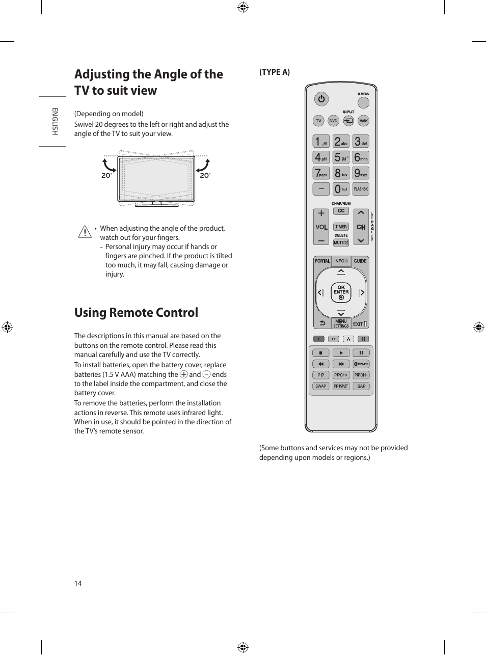 Adjusting the angle of the tv to suit view, Using remote control | LG UT570H 65" Class 4K UHD HDR SmHospitality LED TV User Manual | Page 22 / 52