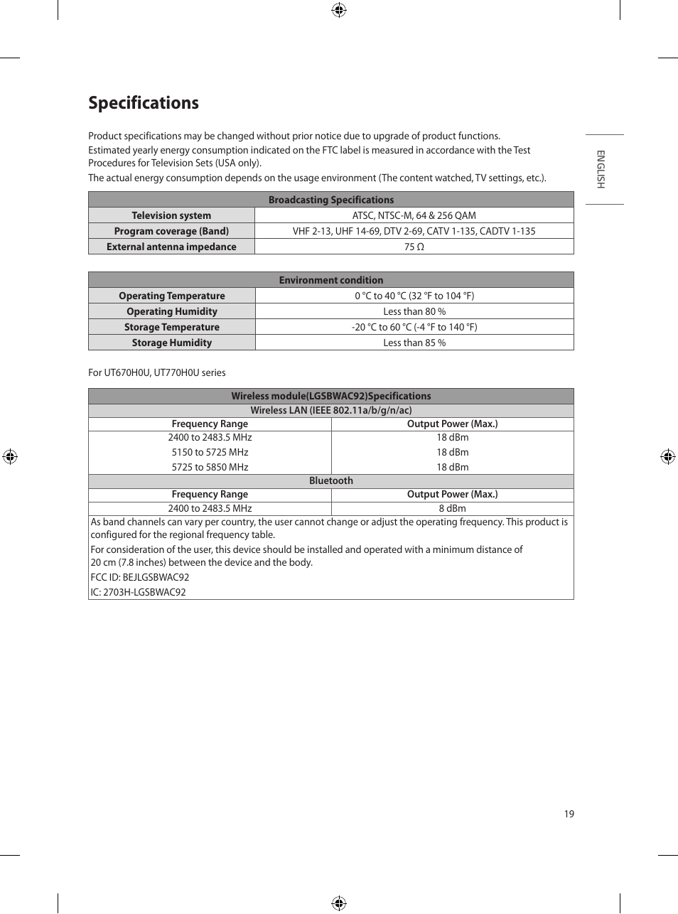 Specifications | LG UT570H 65" Class 4K UHD HDR SmHospitality LED TV User Manual | Page 27 / 52