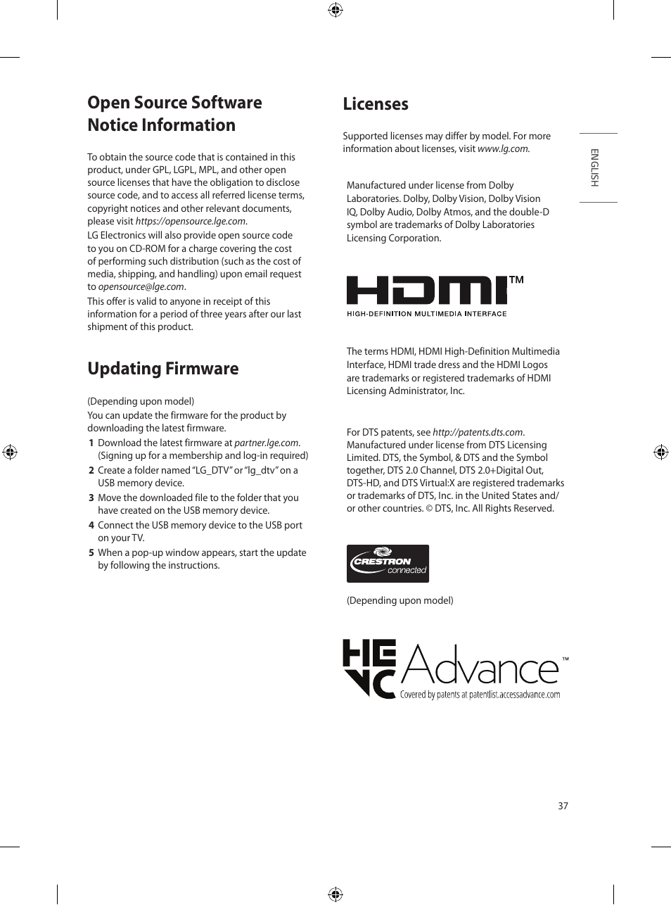 Open source software notice information, Updating firmware, Licenses | LG UT570H 65" Class 4K UHD HDR SmHospitality LED TV User Manual | Page 45 / 52