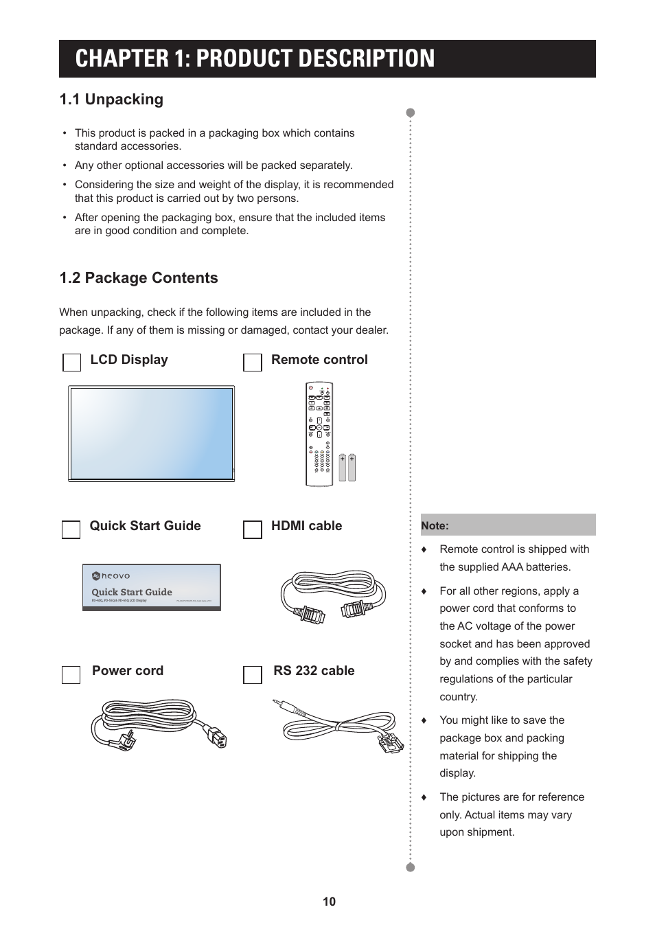 Chapter 1: product description, 2 package contents, 1 unpacking | AG Neovo PD-55Q 55" 4K Commercial Display User Manual | Page 14 / 91