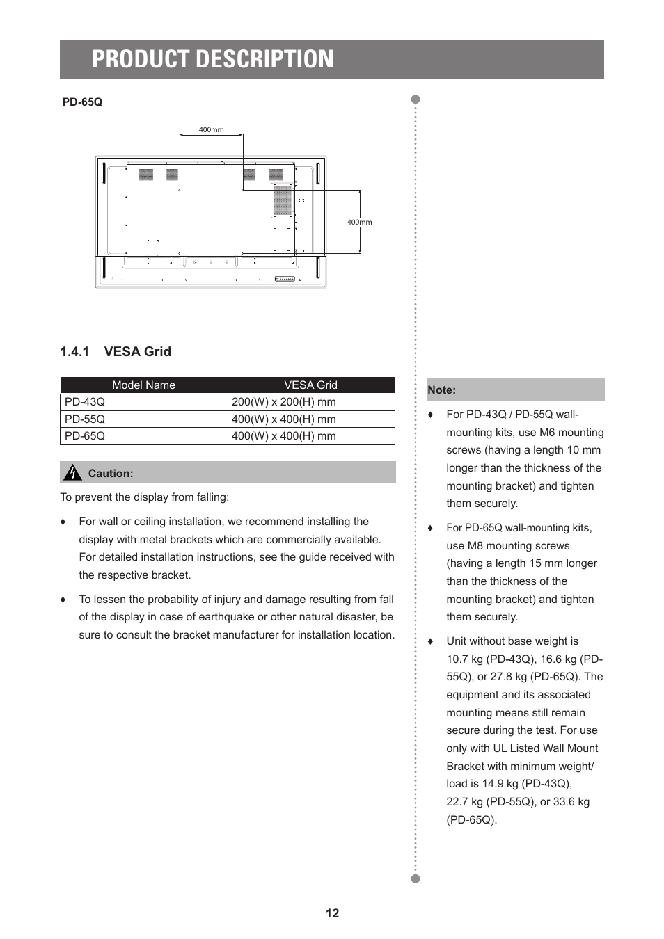 Product description, 1 vesa grid | AG Neovo PD-55Q 55" 4K Commercial Display User Manual | Page 16 / 91