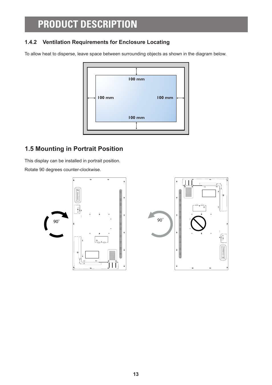 Product description, 5 mounting in portrait position, 2 ventilation requirements for enclosure locating | AG Neovo PD-55Q 55" 4K Commercial Display User Manual | Page 17 / 91