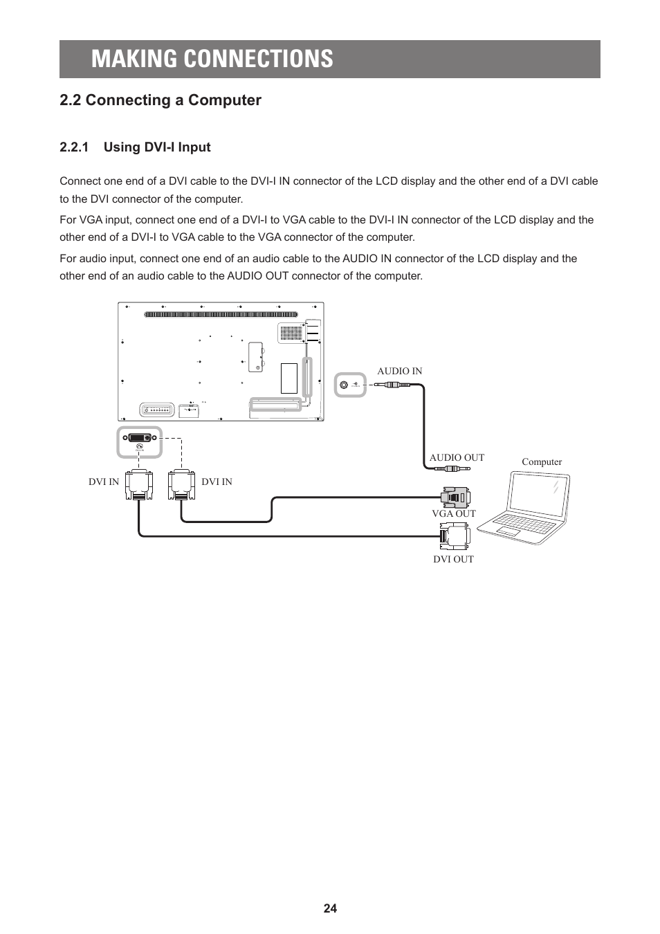 Making connections, 2 connecting a computer, 1 using dvi-i input | AG Neovo PD-55Q 55" 4K Commercial Display User Manual | Page 29 / 91