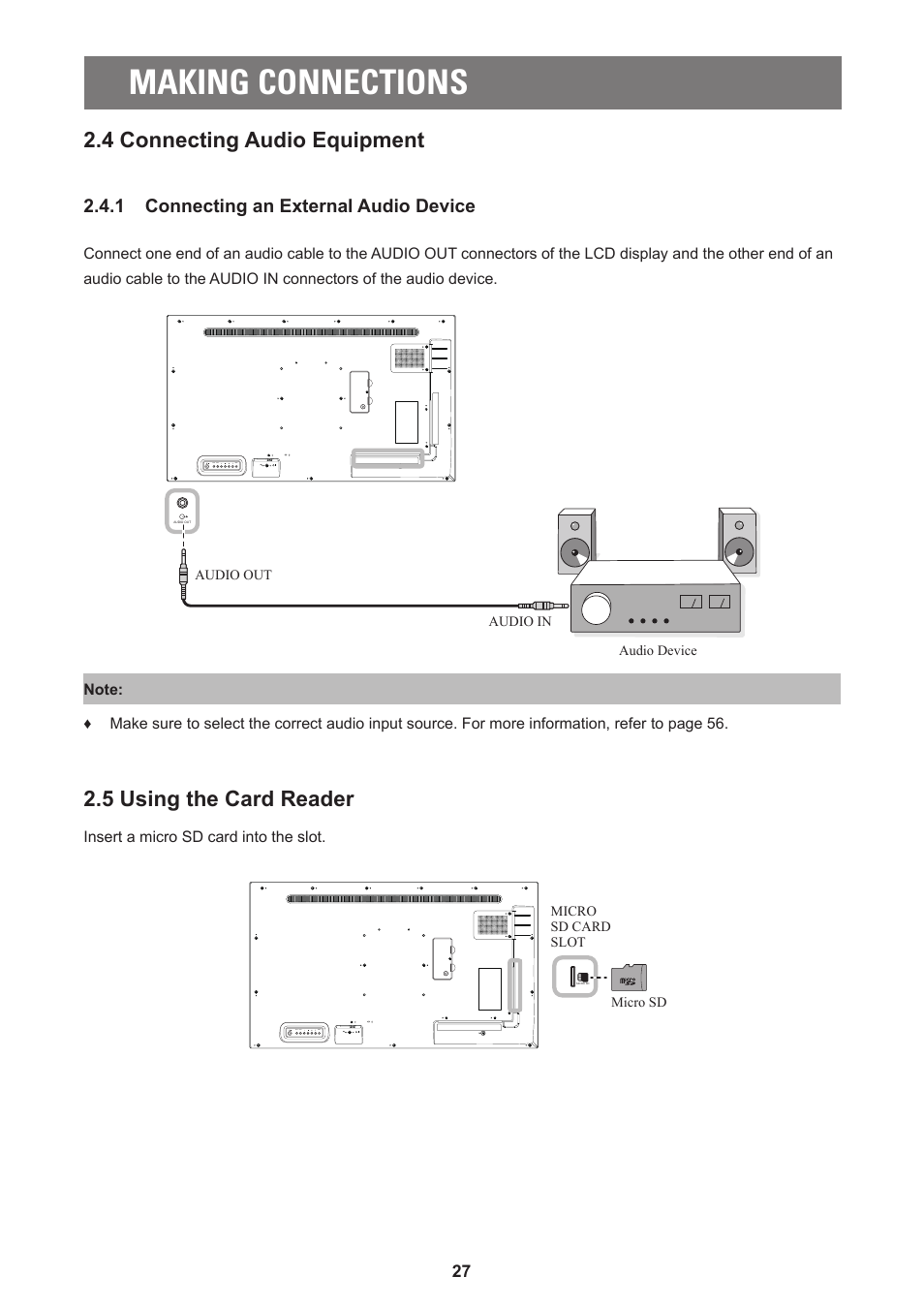 Making connections, 4 connecting audio equipment, 5 using the card reader | 1 connecting an external audio device, Insert a micro sd card into the slot | AG Neovo PD-55Q 55" 4K Commercial Display User Manual | Page 32 / 91