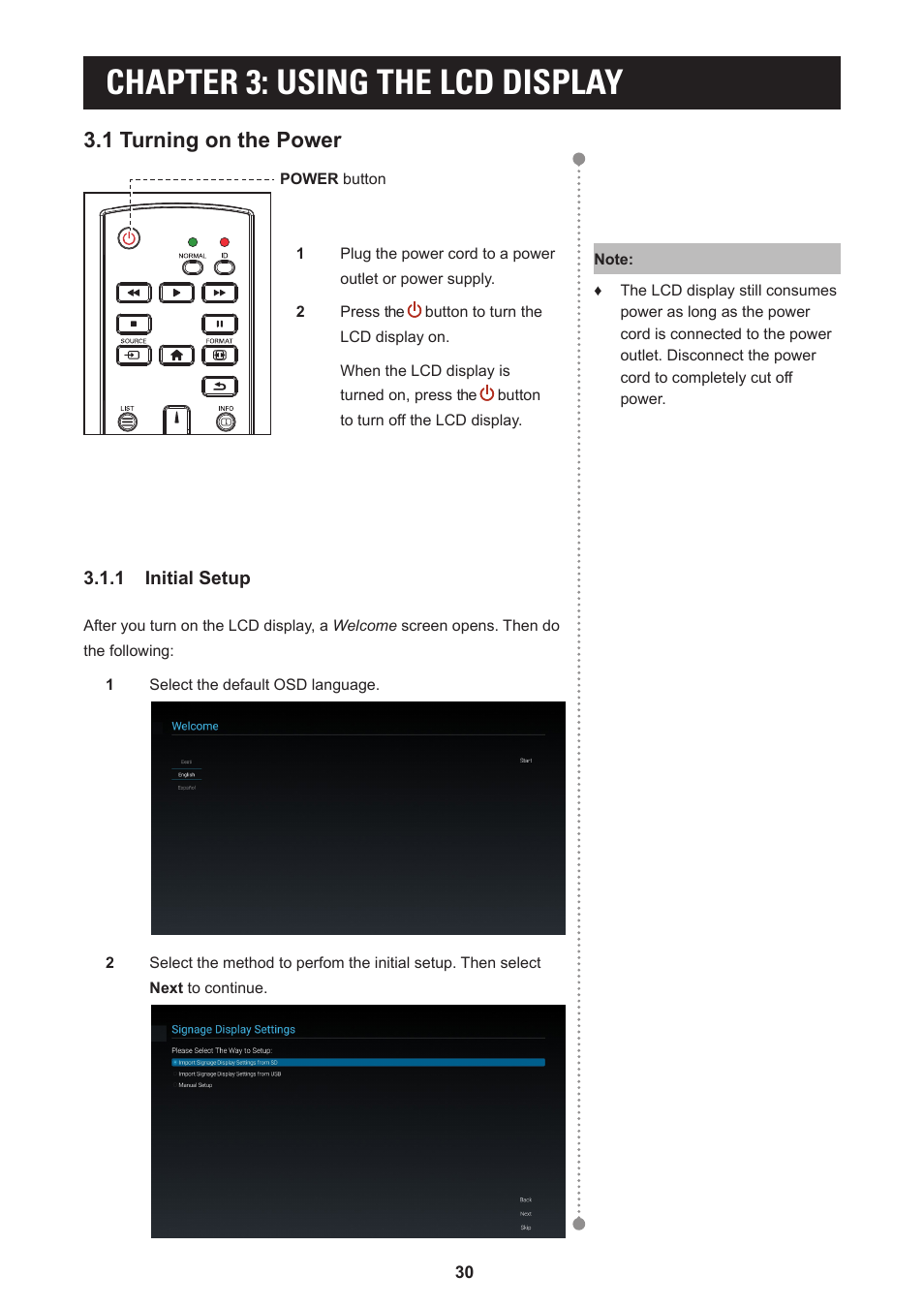 Chapter 3: using the lcd display, 1 turning on the power | AG Neovo PD-55Q 55" 4K Commercial Display User Manual | Page 35 / 91