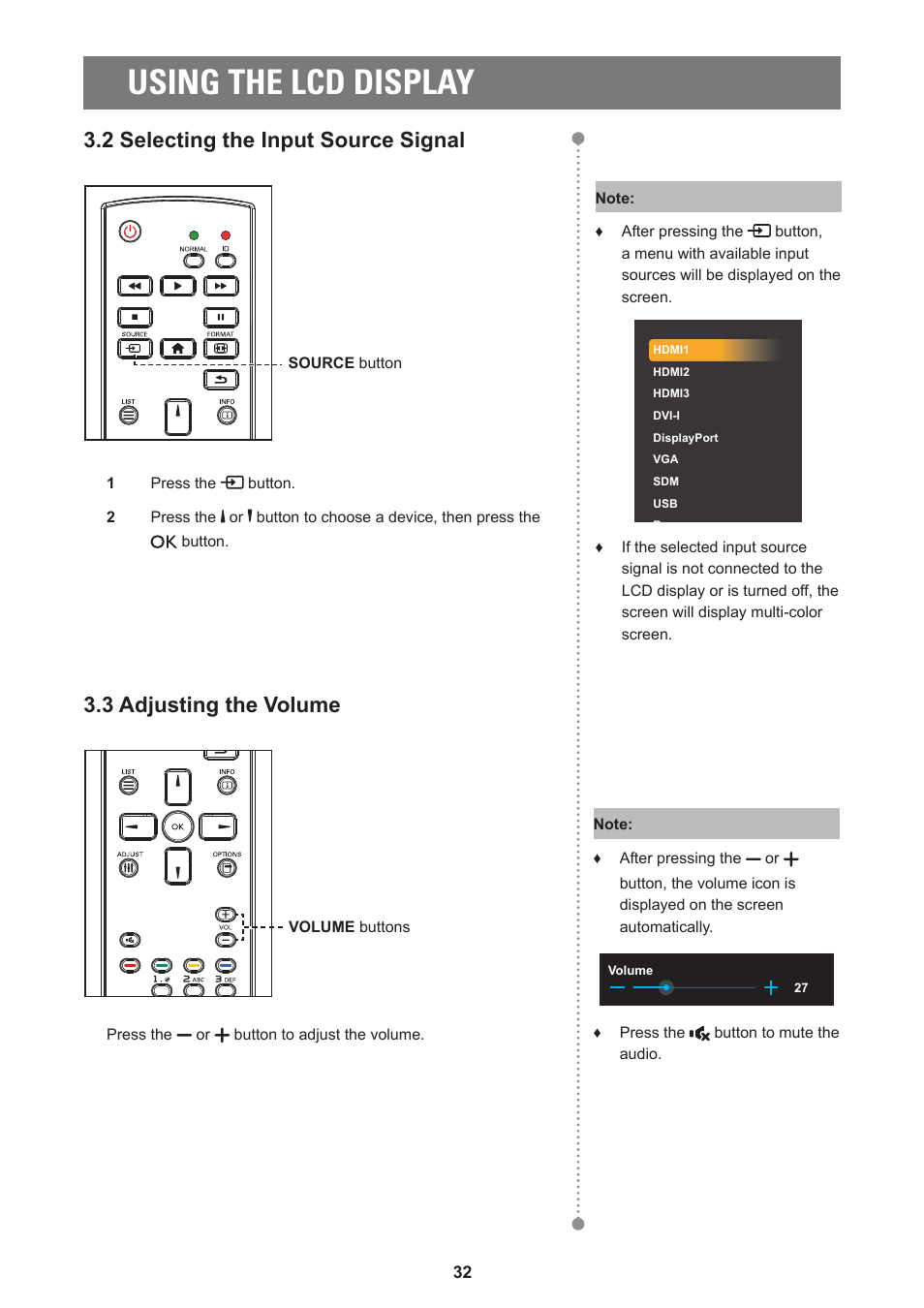 Using the lcd display, 3 adjusting the volume, 2 selecting the input source signal | AG Neovo PD-55Q 55" 4K Commercial Display User Manual | Page 37 / 91