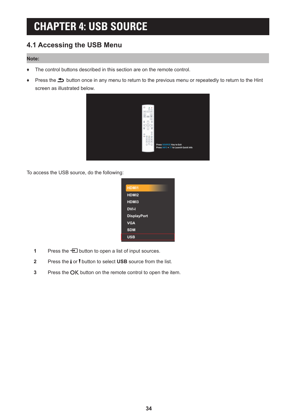 Chapter 4: usb source, 1 accessing the usb menu | AG Neovo PD-55Q 55" 4K Commercial Display User Manual | Page 39 / 91