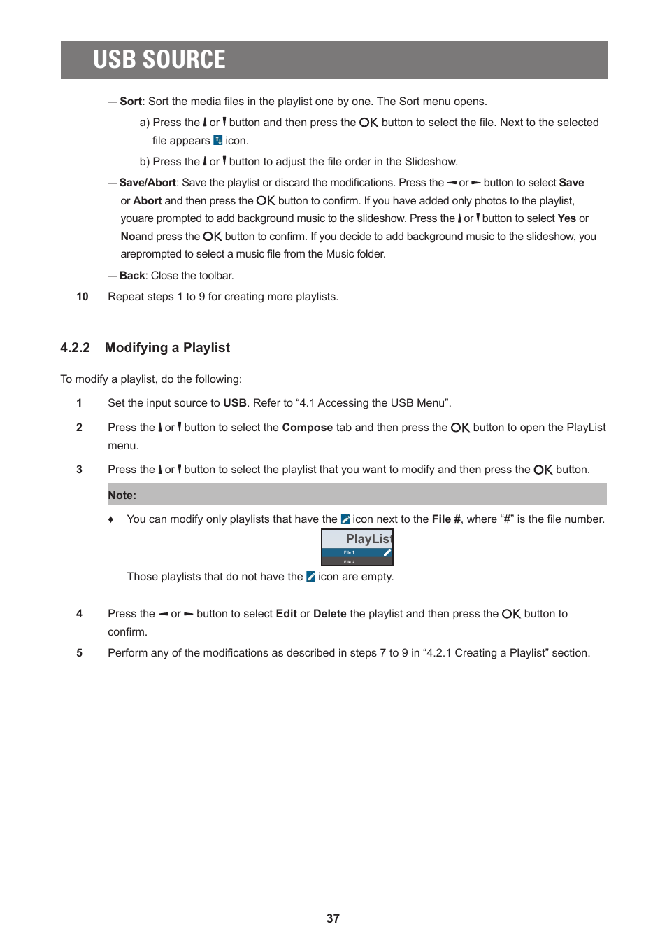 Usb source, 2 modifying a playlist | AG Neovo PD-55Q 55" 4K Commercial Display User Manual | Page 42 / 91