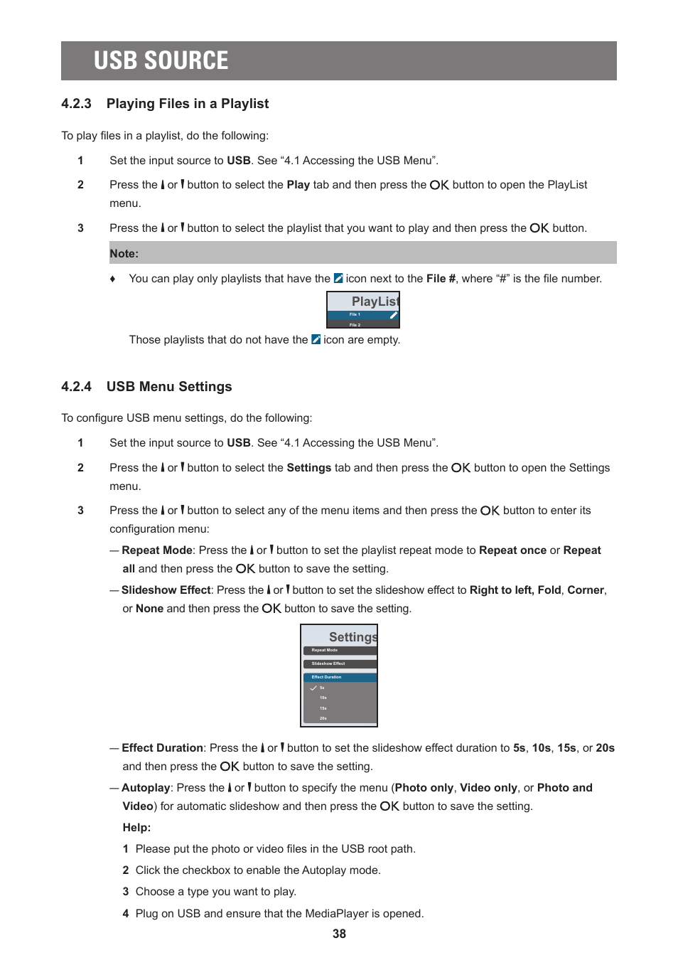 Usb source, 3 playing files in a playlist, 4 usb menu settings | AG Neovo PD-55Q 55" 4K Commercial Display User Manual | Page 43 / 91