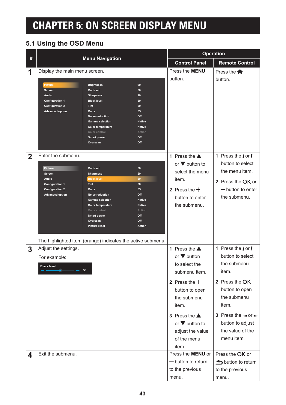 Chapter 5: on screen display menu, 1 using the osd menu | AG Neovo PD-55Q 55" 4K Commercial Display User Manual | Page 48 / 91