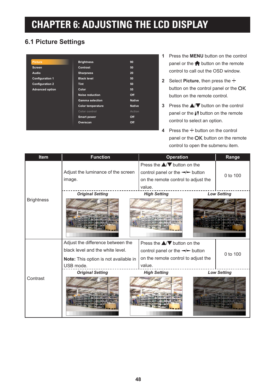 Chapter 6: adjusting the lcd display, 1 picture settings | AG Neovo PD-55Q 55" 4K Commercial Display User Manual | Page 53 / 91