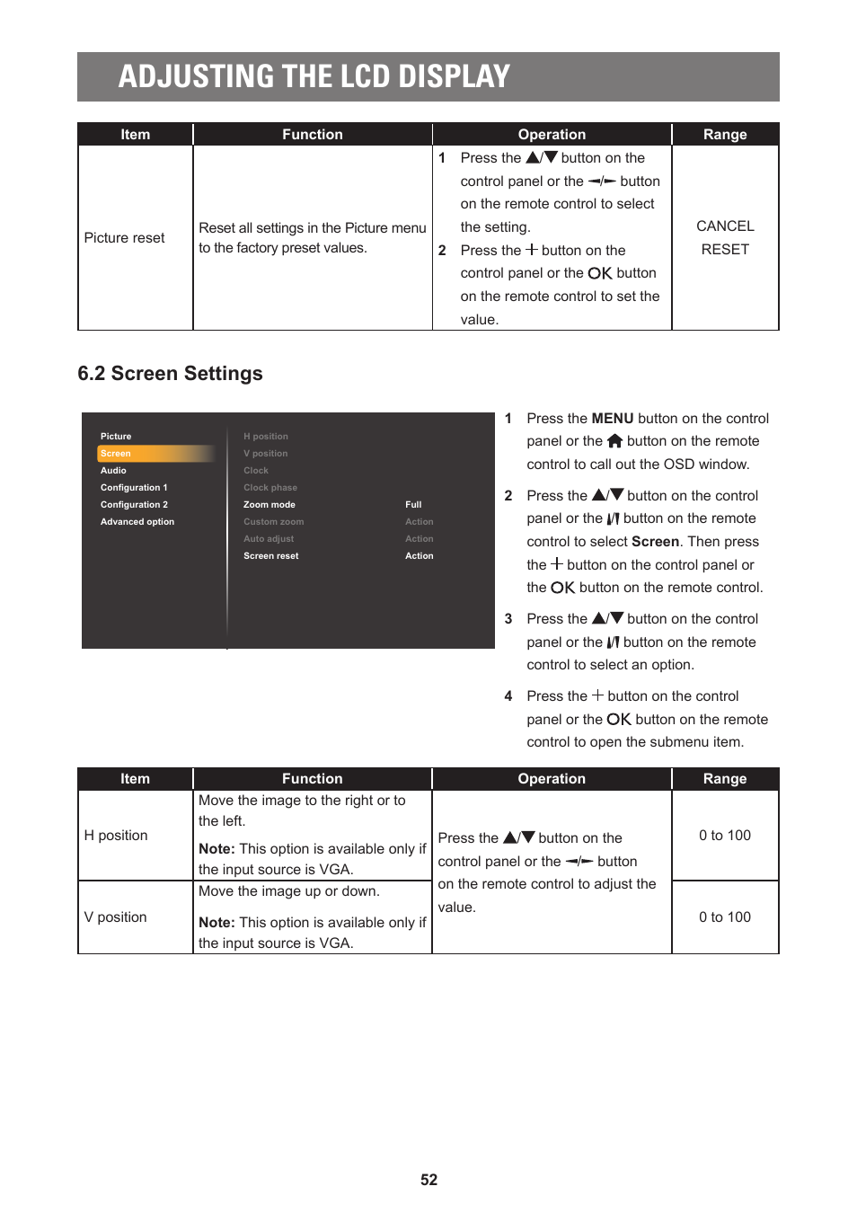 Adjusting the lcd display, 2 screen settings | AG Neovo PD-55Q 55" 4K Commercial Display User Manual | Page 57 / 91