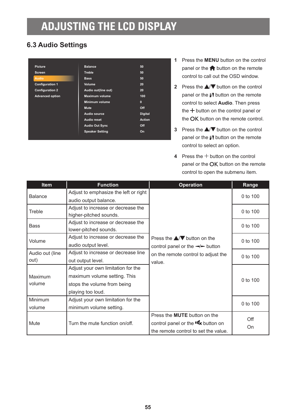 Adjusting the lcd display, 3 audio settings | AG Neovo PD-55Q 55" 4K Commercial Display User Manual | Page 60 / 91