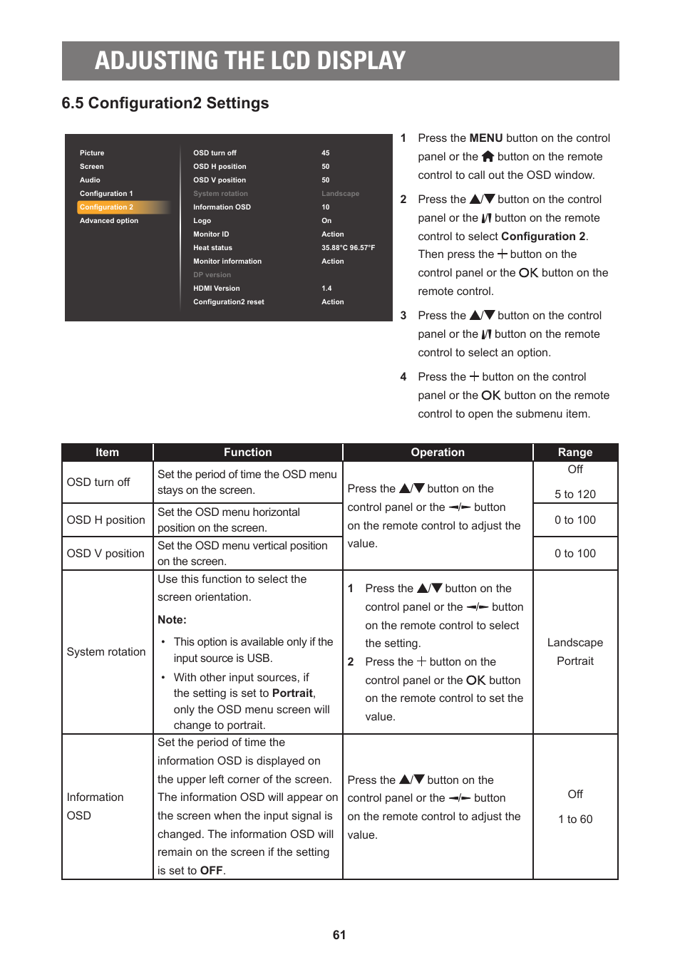 Adjusting the lcd display, 5 configuration2 settings | AG Neovo PD-55Q 55" 4K Commercial Display User Manual | Page 66 / 91