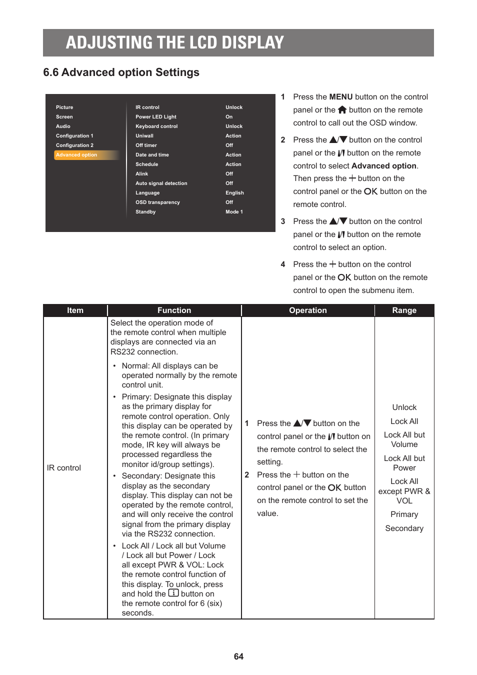 Adjusting the lcd display, 6 advanced option settings | AG Neovo PD-55Q 55" 4K Commercial Display User Manual | Page 69 / 91