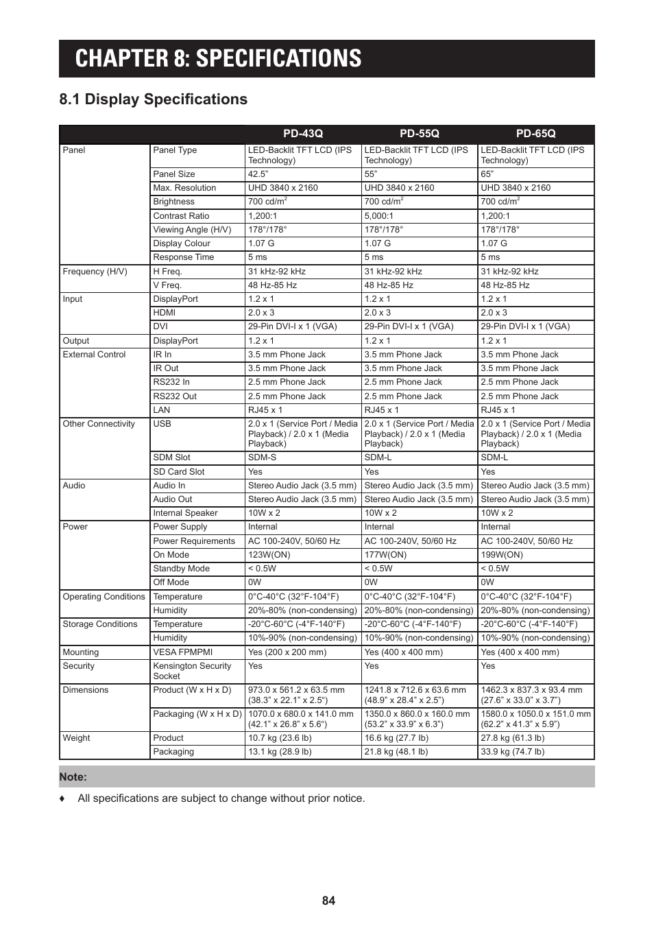 Chapter 8: specifications, 1 display specifications | AG Neovo PD-55Q 55" 4K Commercial Display User Manual | Page 89 / 91