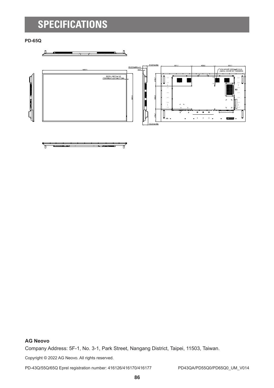 Specifications | AG Neovo PD-55Q 55" 4K Commercial Display User Manual | Page 91 / 91