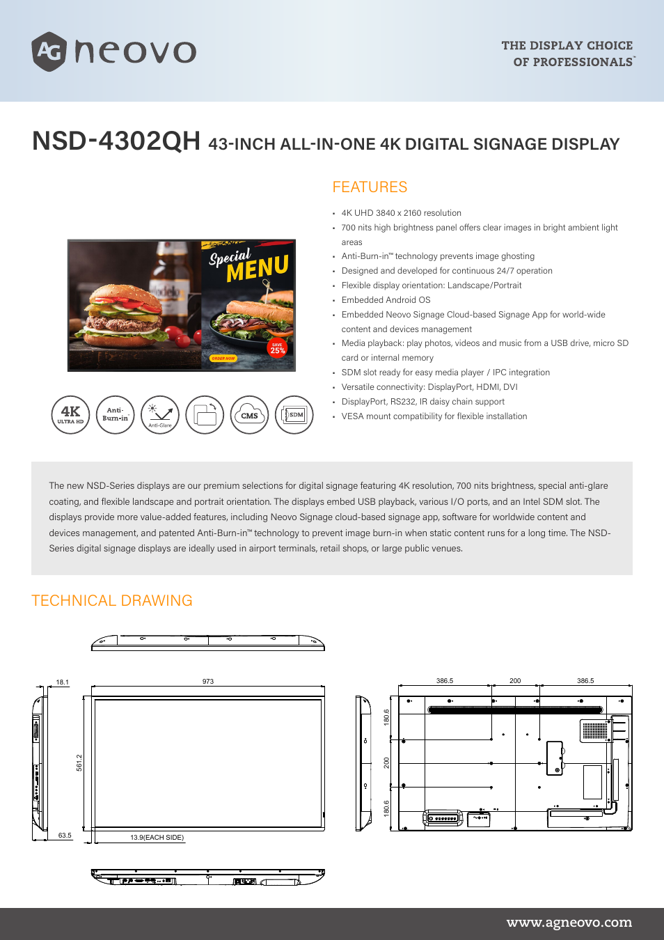 AG Neovo NSD-4302H 43" 4K All-in-One Digital Signage Display User Manual | 2 pages