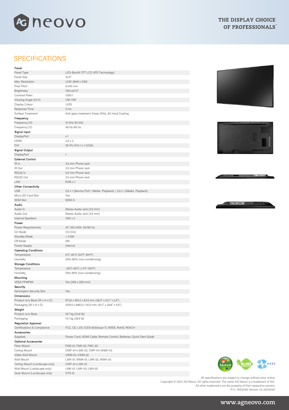 Specifications | AG Neovo NSD-4302H 43" 4K All-in-One Digital Signage Display User Manual | Page 2 / 2