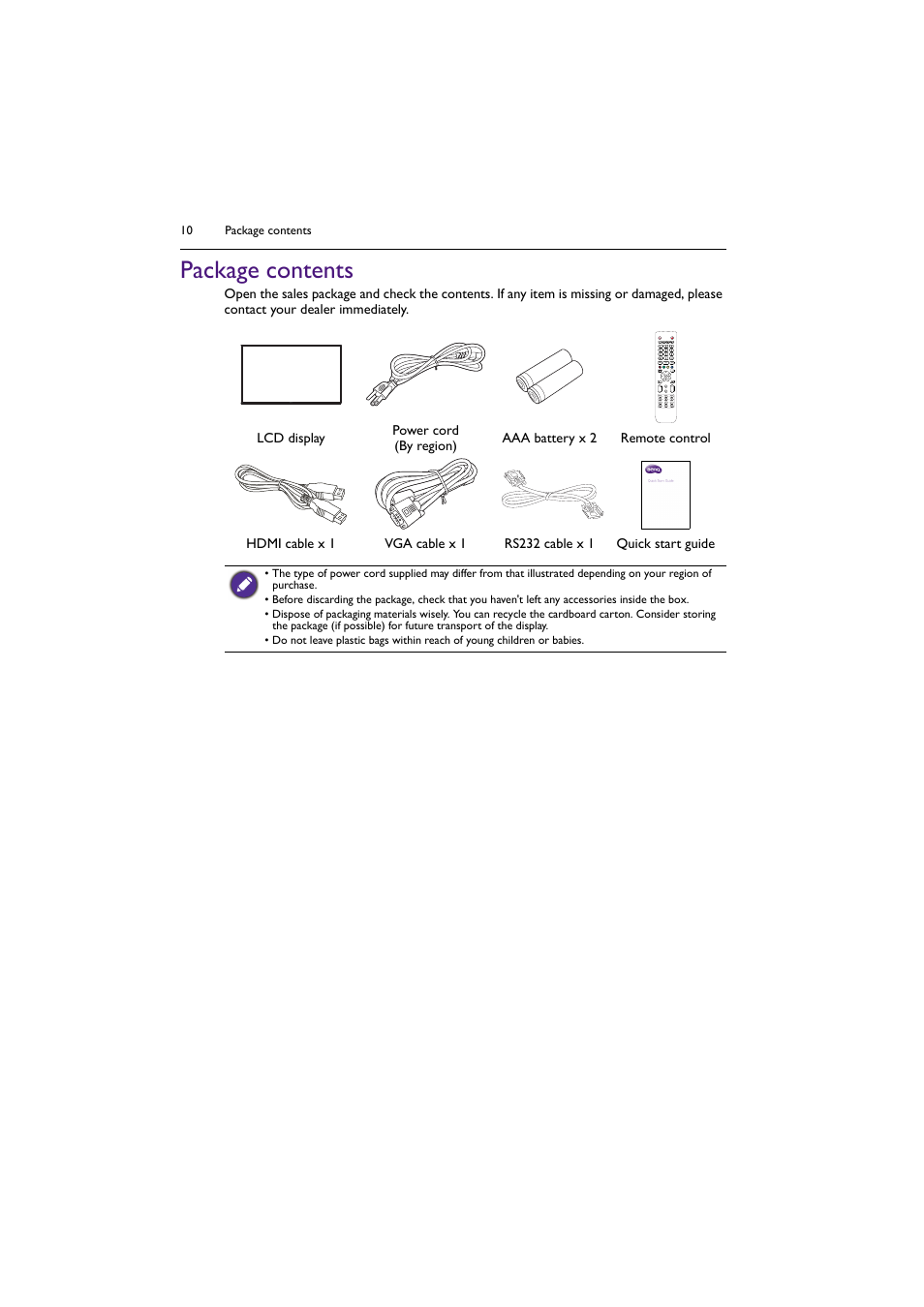 Package contents | BenQ ST8602S 86" 4K SmSignage Display User Manual | Page 10 / 61