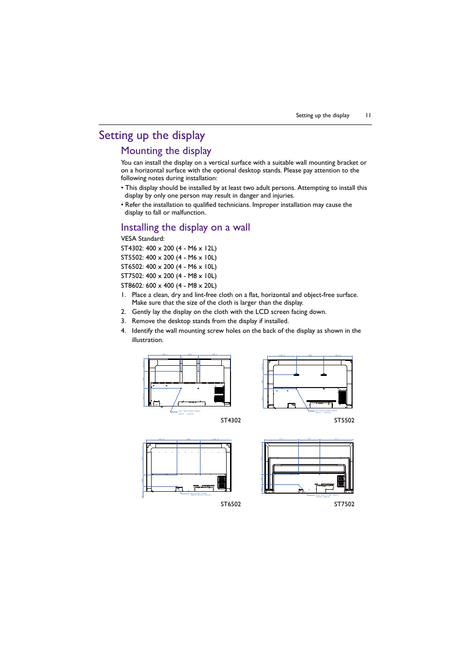 Setting up the display, Mounting the display, Installing the display on a wall | St4302, St5502, St6502, St7502, Setting up the display 11 | BenQ ST8602S 86" 4K SmSignage Display User Manual | Page 11 / 61