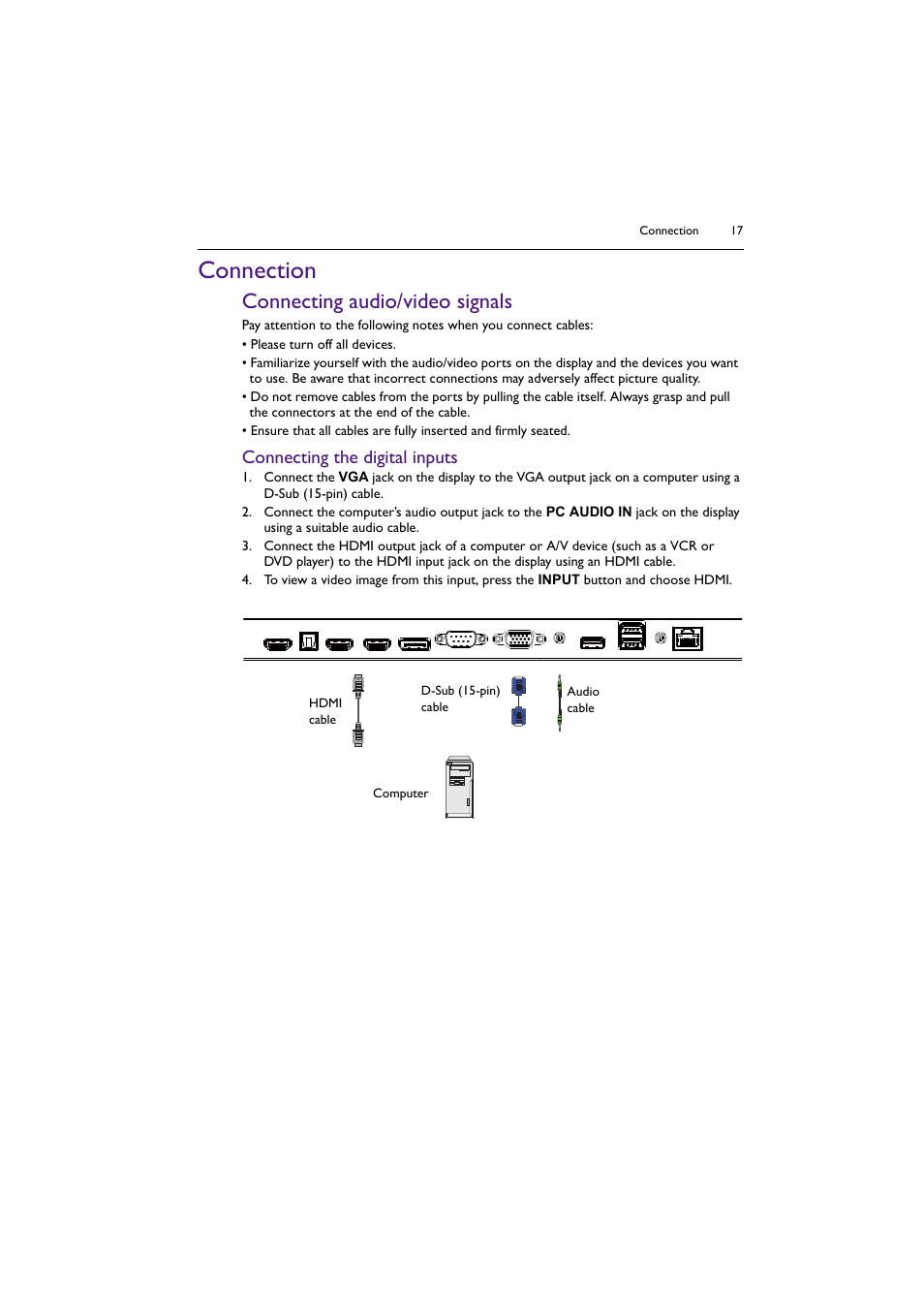 Connection, Connecting audio/video signals, Connecting the digital inputs | BenQ ST8602S 86" 4K SmSignage Display User Manual | Page 17 / 61