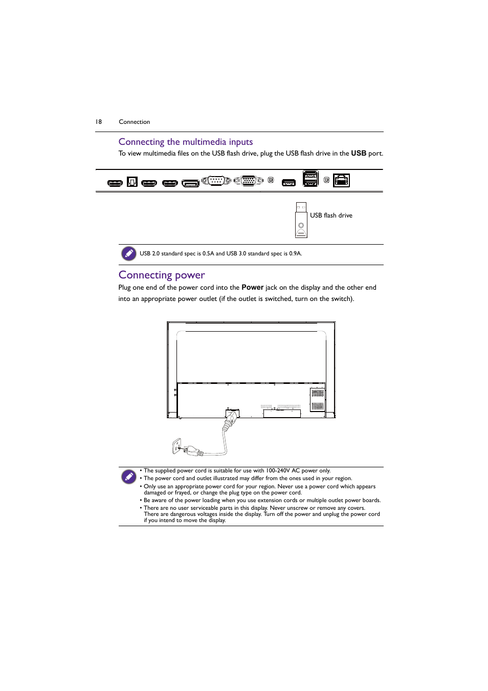 Connecting power, Connecting the multimedia inputs | BenQ ST8602S 86" 4K SmSignage Display User Manual | Page 18 / 61