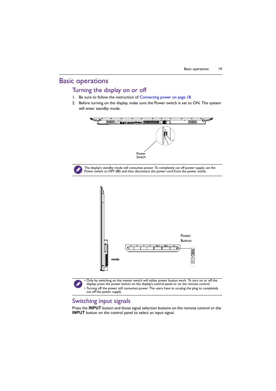 Basic operations, Turning the display on or off, Switching input signals | BenQ ST8602S 86" 4K SmSignage Display User Manual | Page 19 / 61