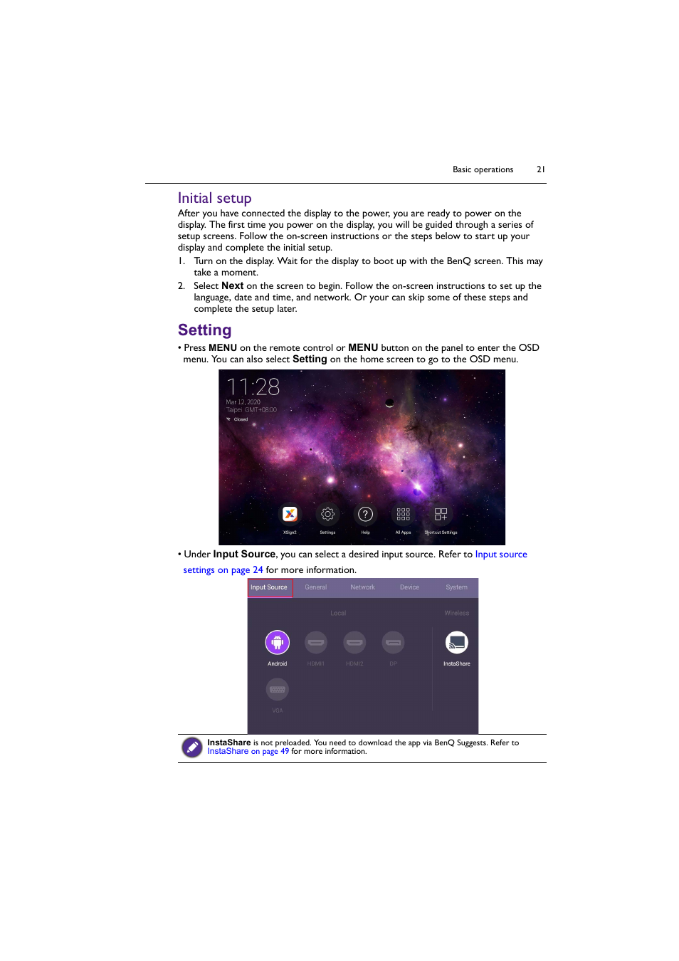 Initial setup, Setting | BenQ ST8602S 86" 4K SmSignage Display User Manual | Page 21 / 61