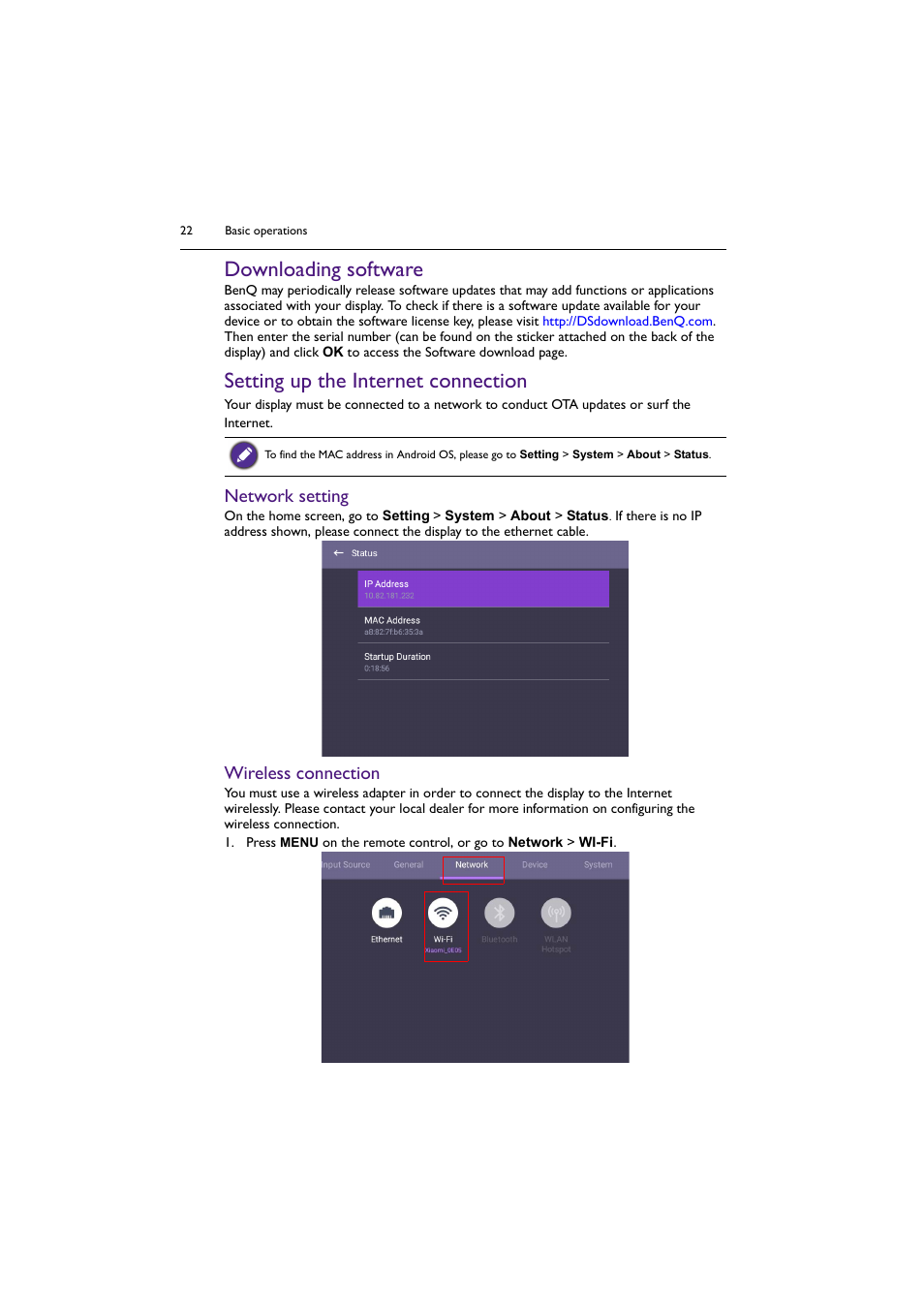 Downloading software, Setting up the internet connection, Network setting | Wireless connection | BenQ ST8602S 86" 4K SmSignage Display User Manual | Page 22 / 61