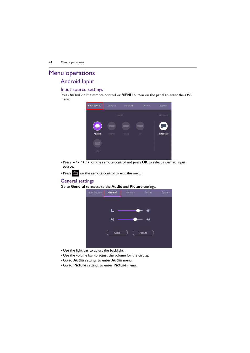 Menu operations, Android input, Input source | Input source settings, General settings | BenQ ST8602S 86" 4K SmSignage Display User Manual | Page 24 / 61