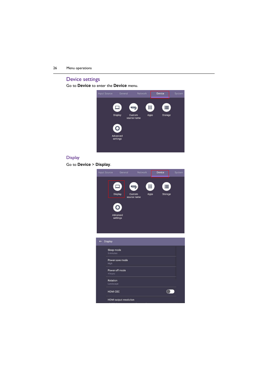 Device settings | BenQ ST8602S 86" 4K SmSignage Display User Manual | Page 26 / 61