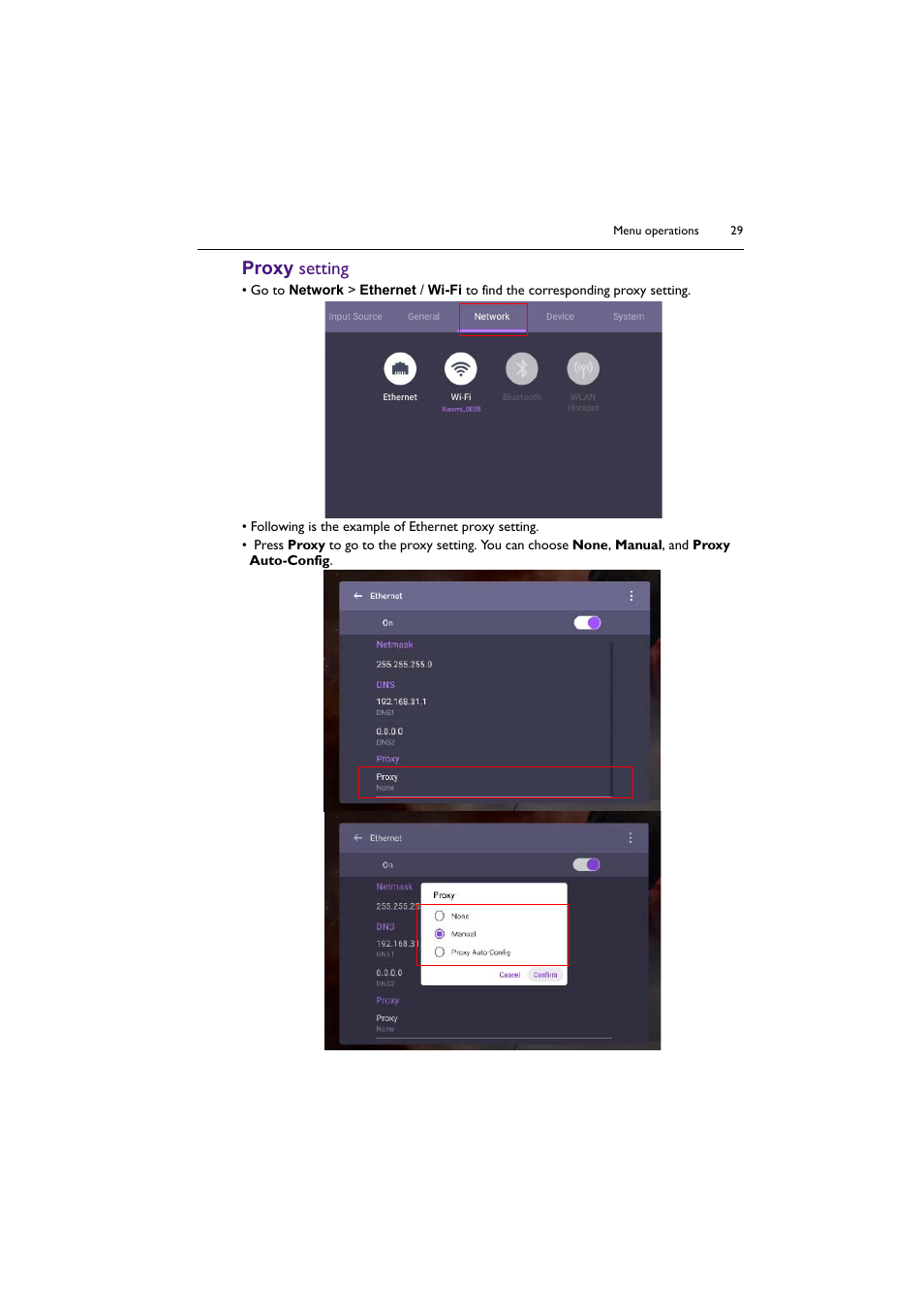 Proxy setting | BenQ ST8602S 86" 4K SmSignage Display User Manual | Page 29 / 61