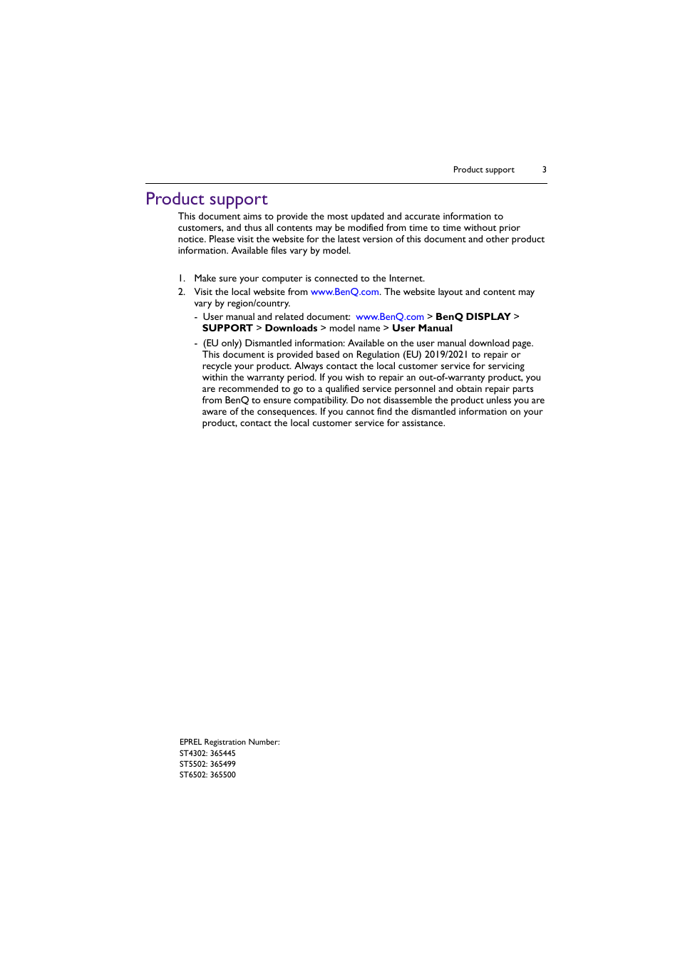 Product support | BenQ ST8602S 86" 4K SmSignage Display User Manual | Page 3 / 61