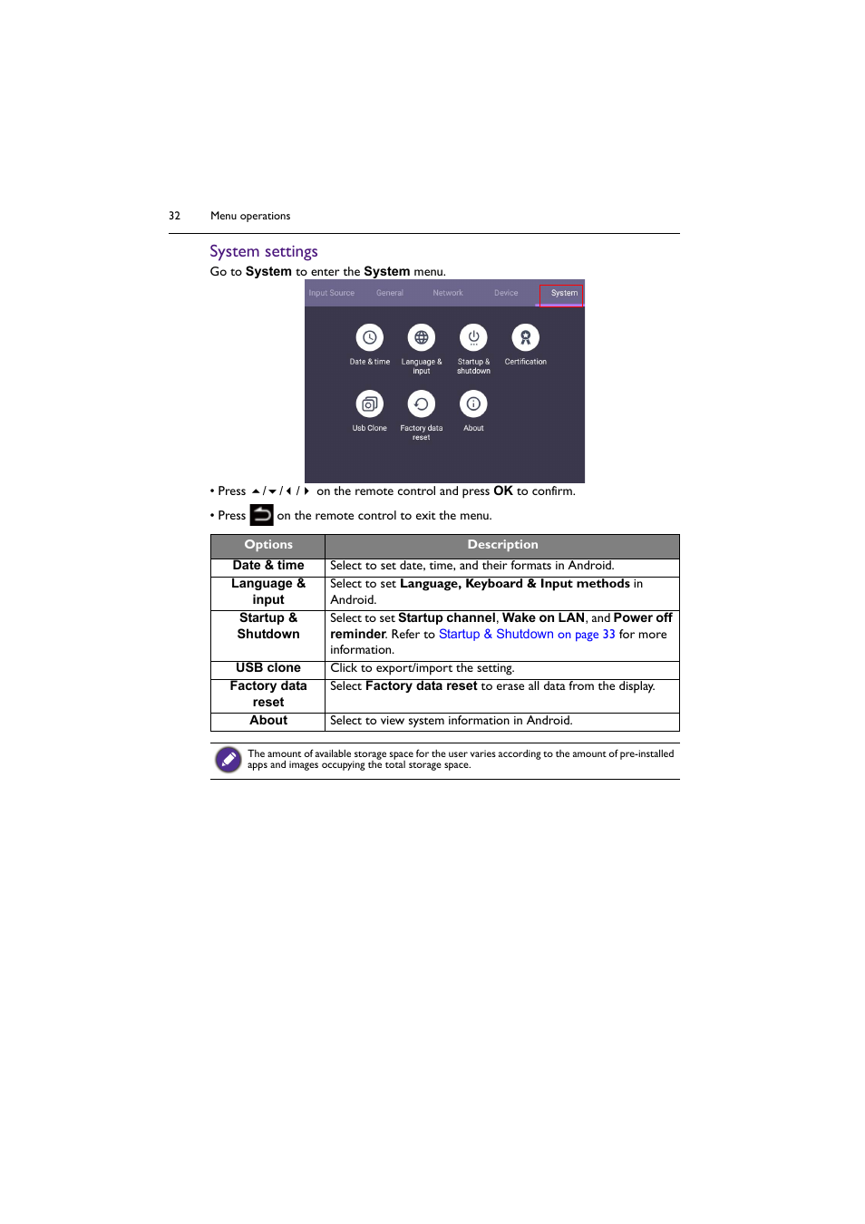 System settings | BenQ ST8602S 86" 4K SmSignage Display User Manual | Page 32 / 61