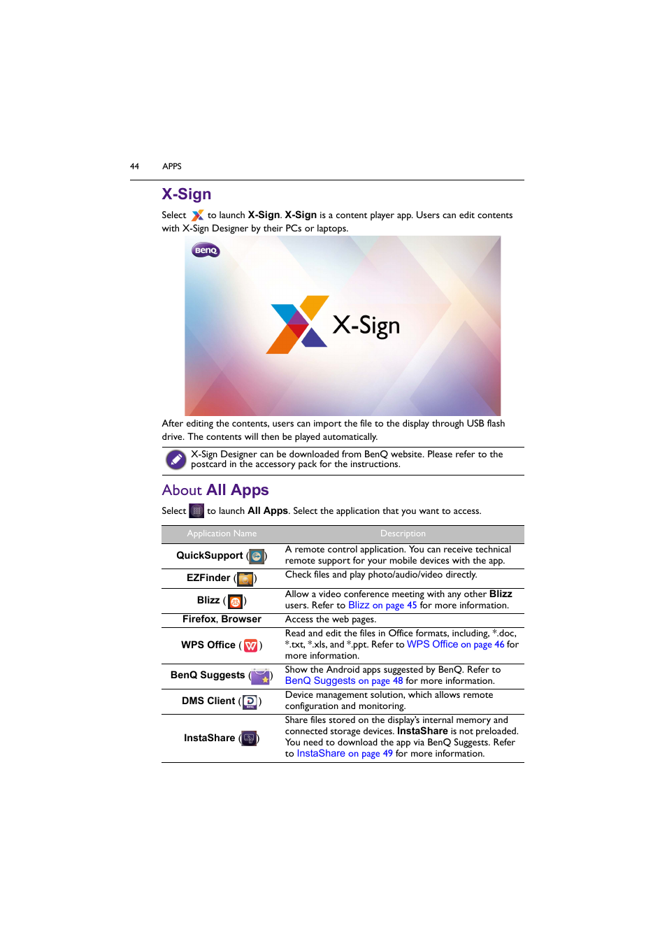 X-sign, About all apps, About | BenQ ST8602S 86" 4K SmSignage Display User Manual | Page 44 / 61