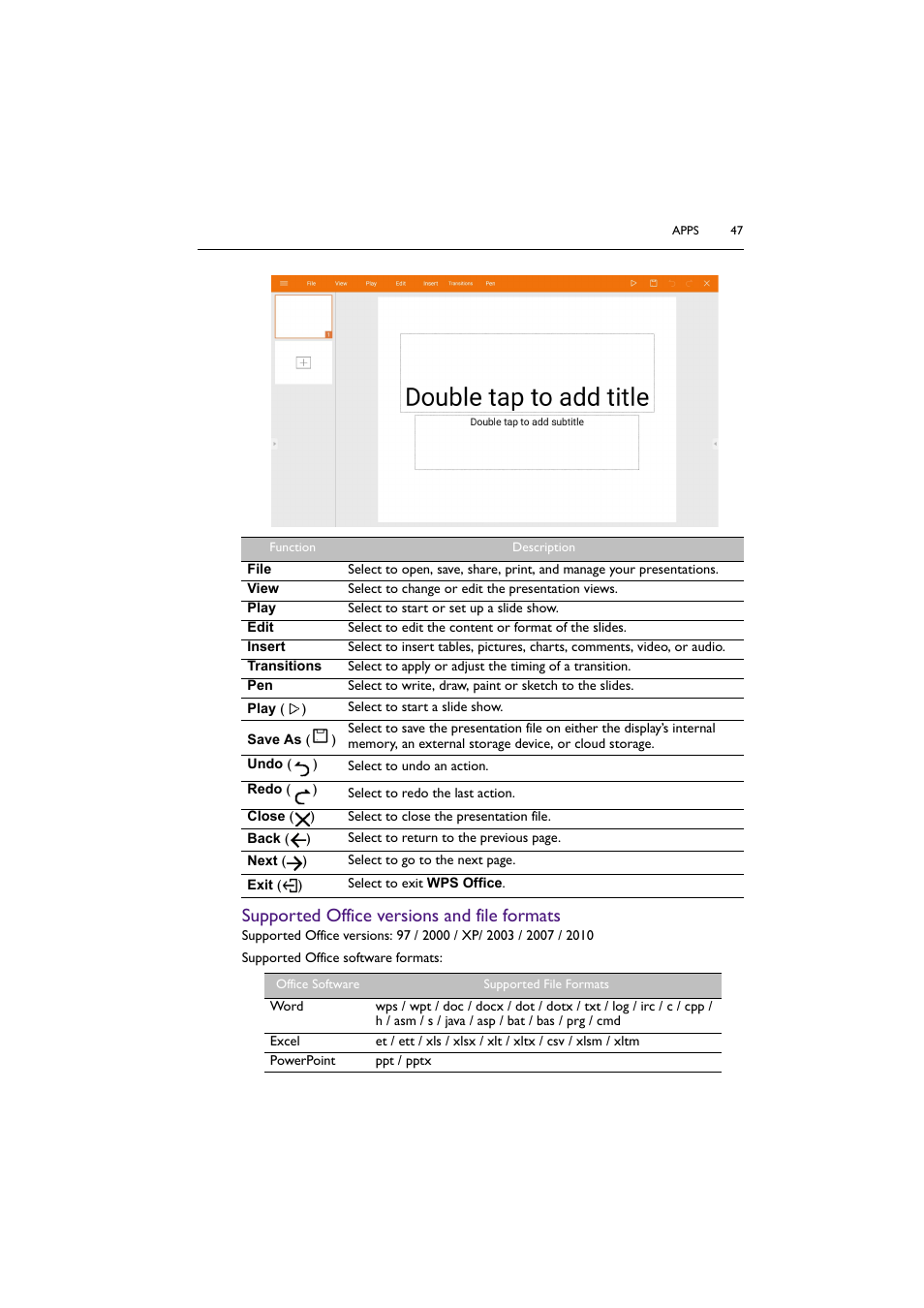 Supported office versions and file formats | BenQ ST8602S 86" 4K SmSignage Display User Manual | Page 47 / 61